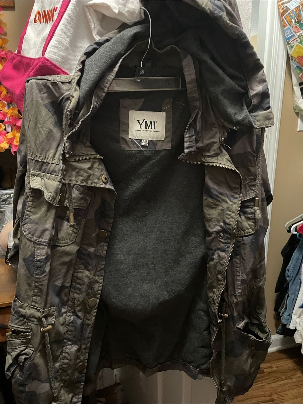 YMI WoMen's Hooded Camouflage Utility Jacket in Olive and Gray